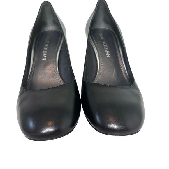 Stuart Weitzman Black Leather Block Heel Pump Rounded Square Toe 10 - Picture 2 of 8